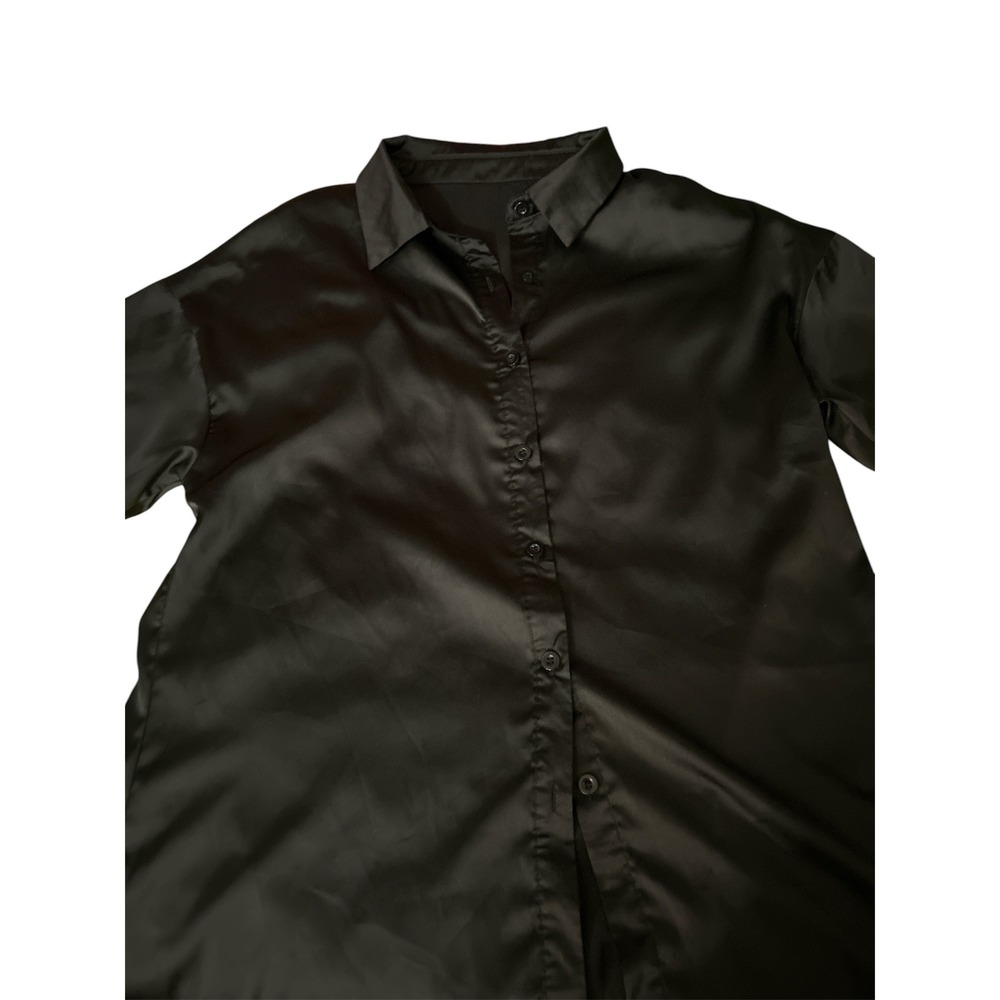 Lustrous SHEIN Black Satin Button Down Shirt Long Sleeve Blouse Size Medium US 6